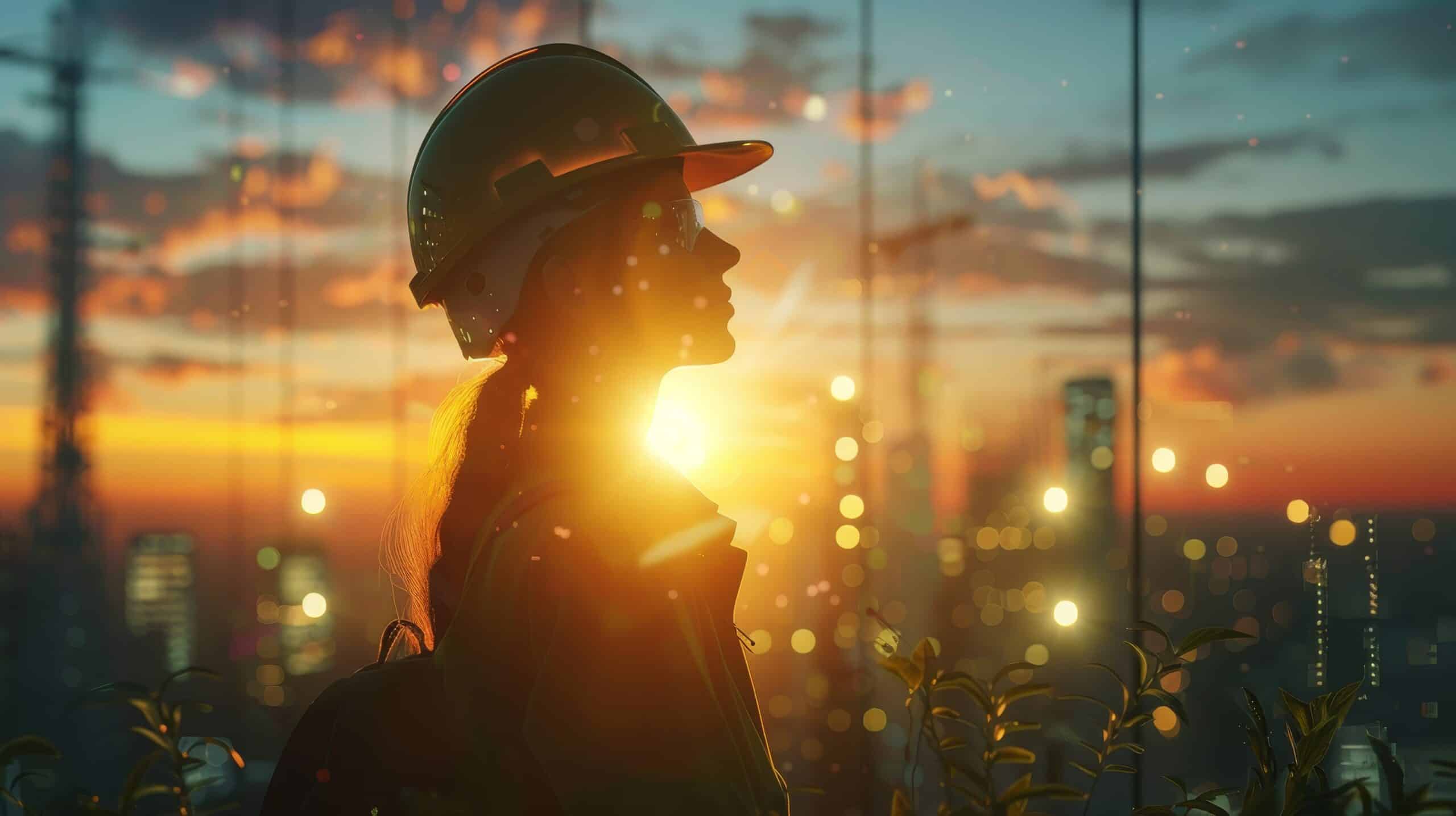 A woman in a hard hat is standing on a rooftop at sunset, looking out at the city